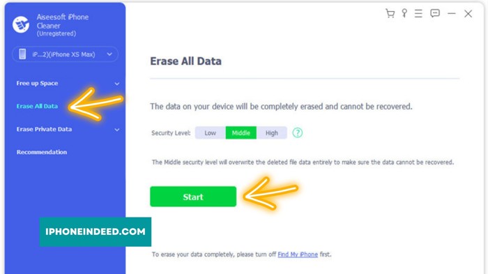 Click on Erase All Data and the click on start